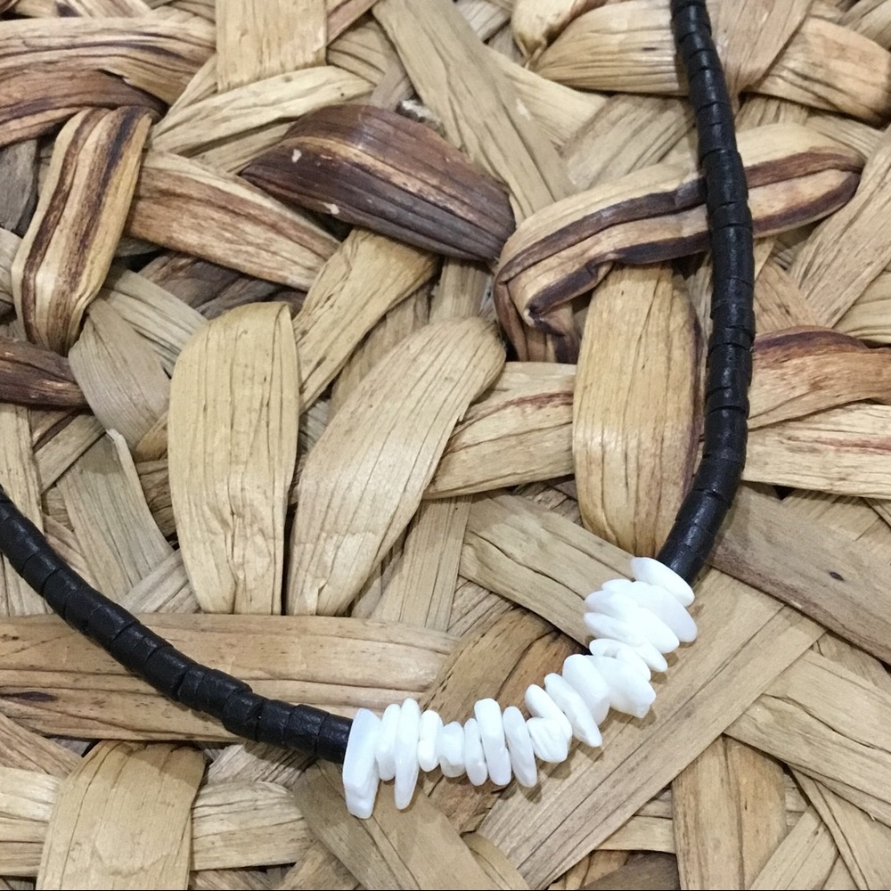 Handmade heshie Black and white shell boho beach necklace